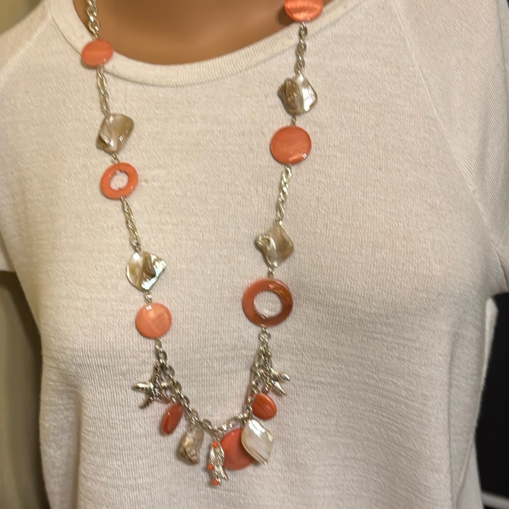Flamingo pink and faux MOP with silver tone starfish beaded necklace